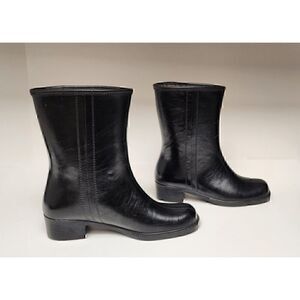 Womens Mid Calf Glossy Black Pull On Waterproof Rain Boots Size US 6